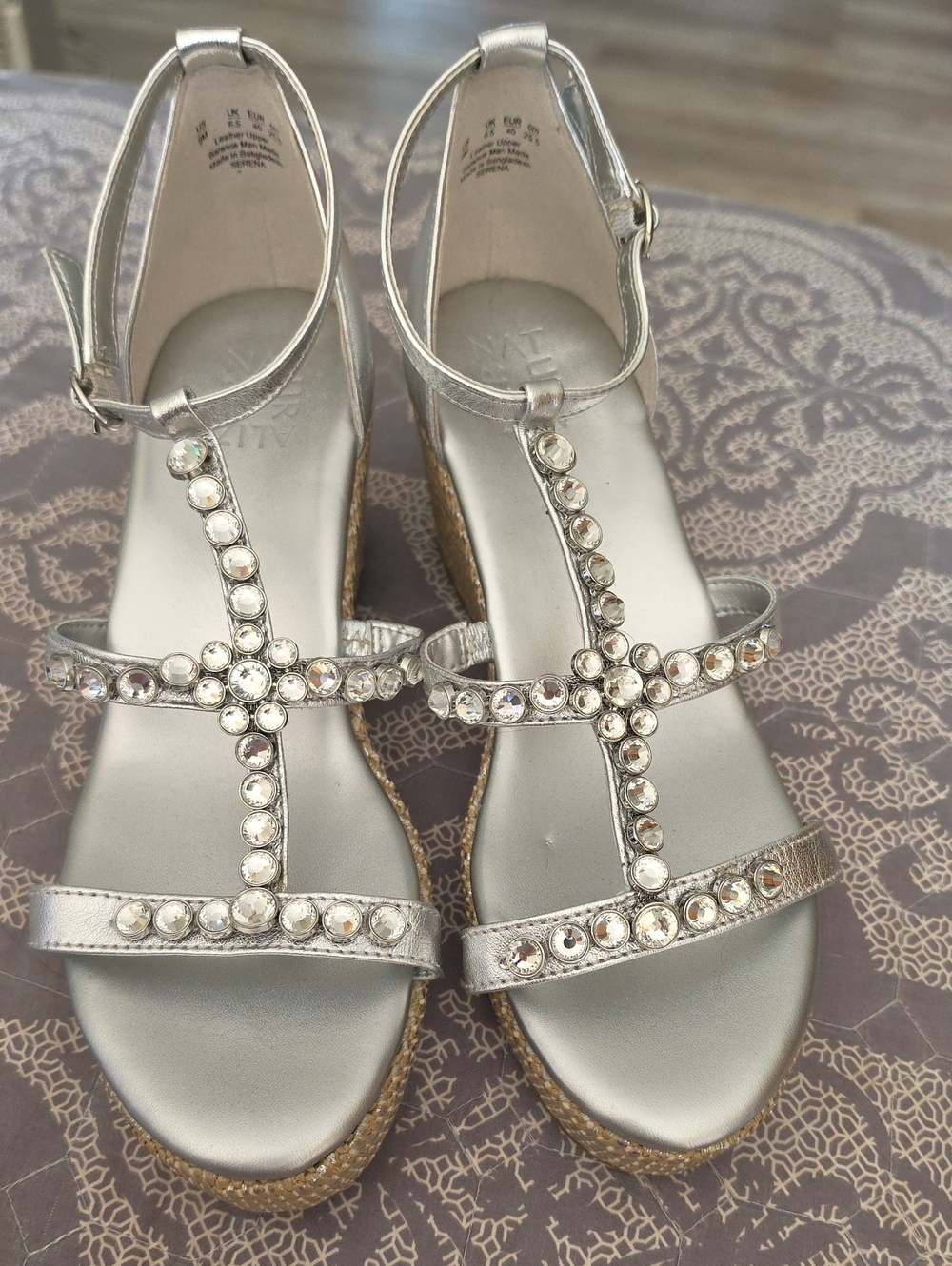 Naturalizer Silver T-Strap Jeweled Wedge Sandals